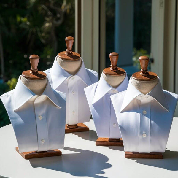 Cuatro camisas a medida blancas en maniquíes, mostrando variedad de estilos y detalles.