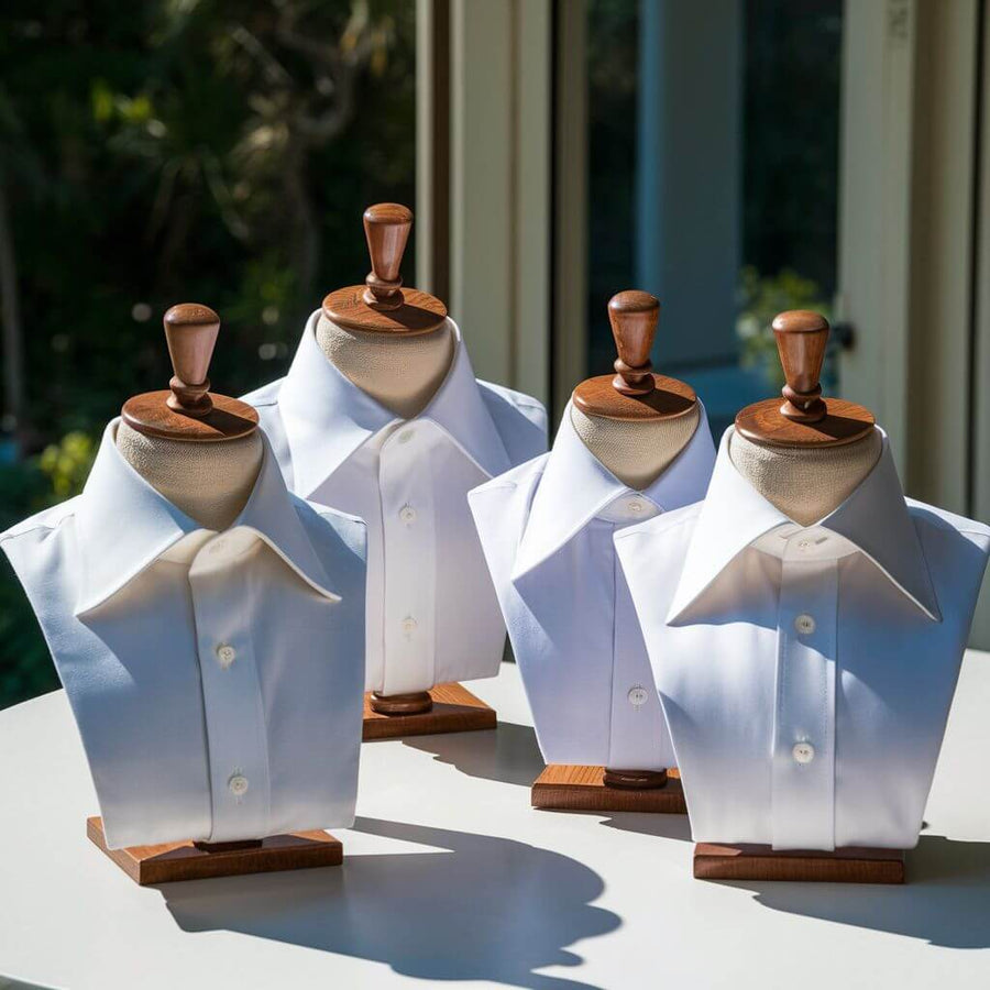 Cuatro camisas a medida blancas en maniquíes, mostrando variedad de estilos y detalles.