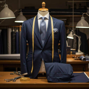 Sastrería a medida, traje azul en sastrería con cinta métrica, elegante para vestir con estilo.