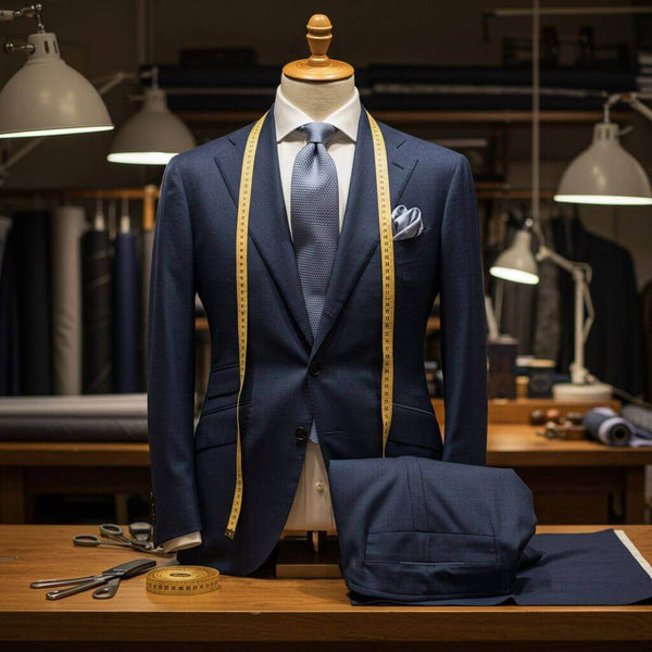 Sastrería a medida, traje azul en sastrería con cinta métrica, elegante para vestir con estilo.