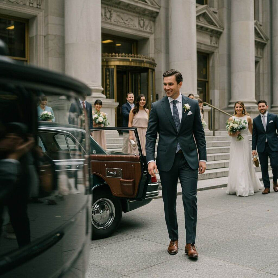 Trajes a Medida de Máxima Calidad en Madrid, elegante traje de novio con flores en boda en Madrid.